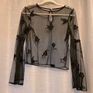 Black floral print mesh top